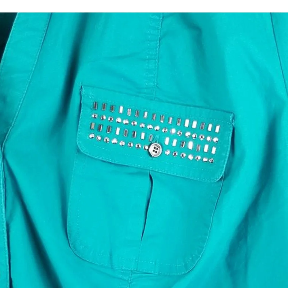 Lane Bryant Turquoise Studded Pocket Design Rolled Sleeves Up/Down Blouse 18/20 - Picture 2 of 4